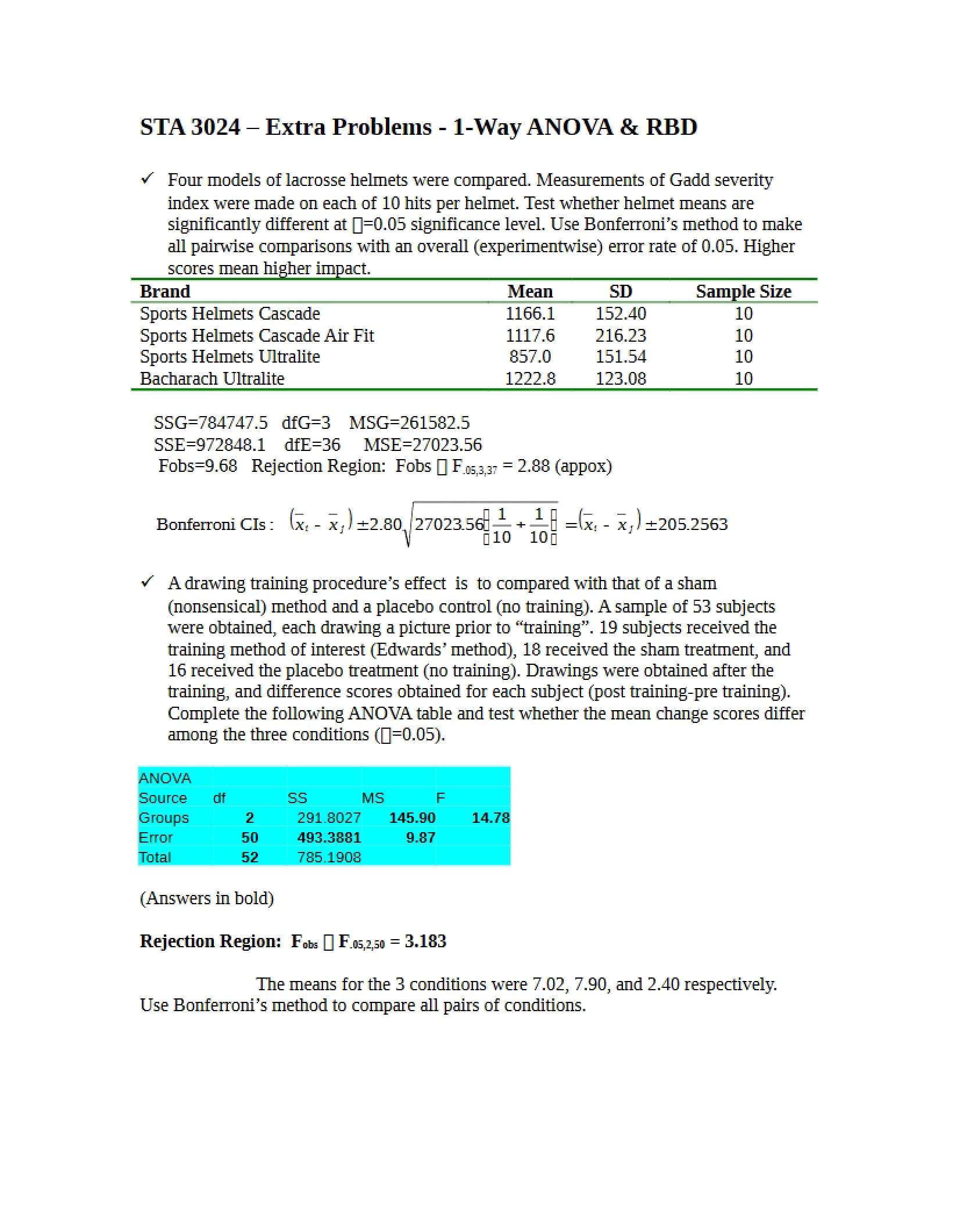 1-Way ANOVA and RBD Extra Problems