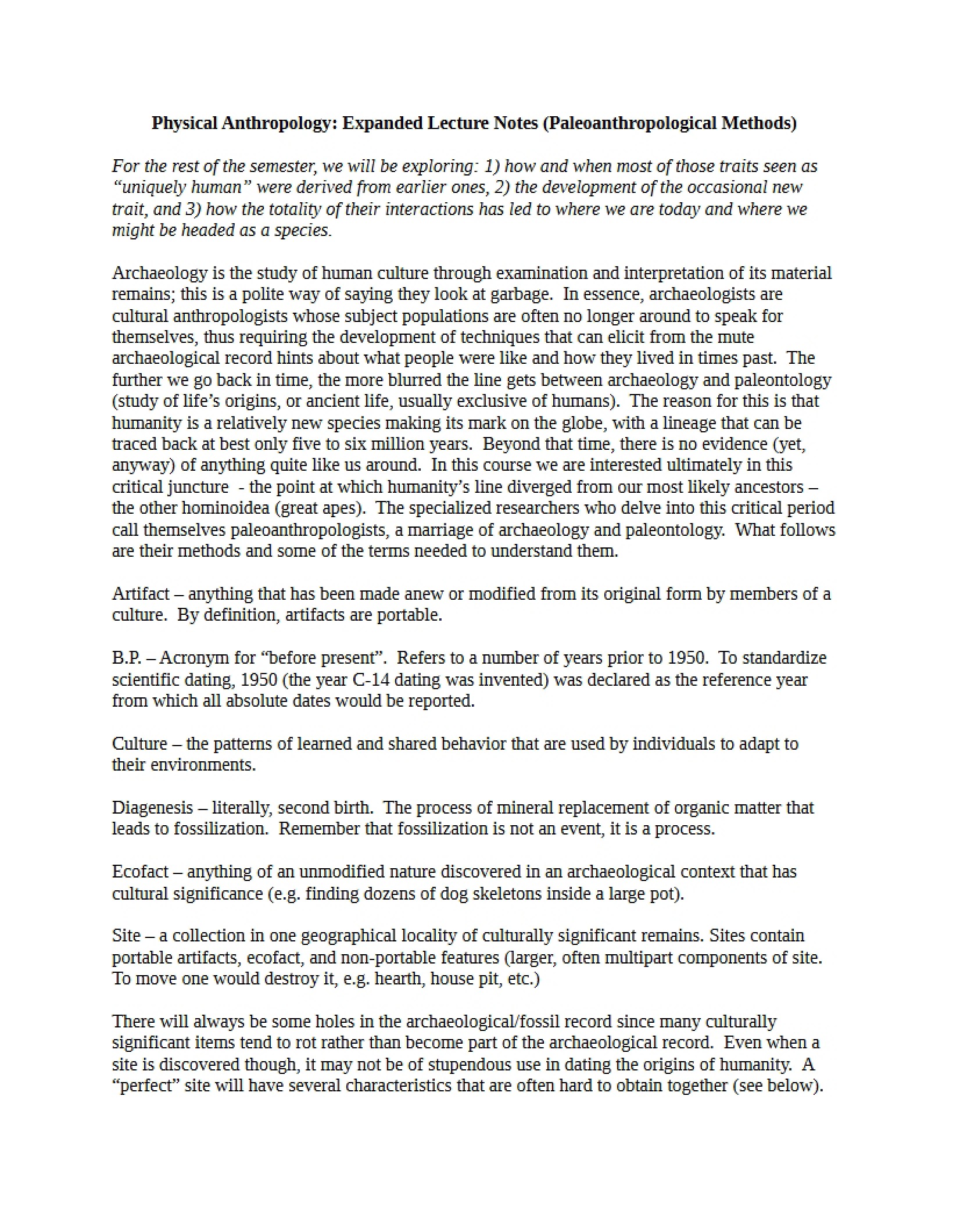 Paleoanthropological Methods Expanded Notes