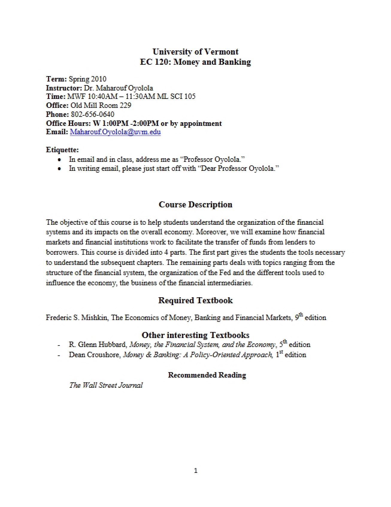 Money and Banking Syllabus