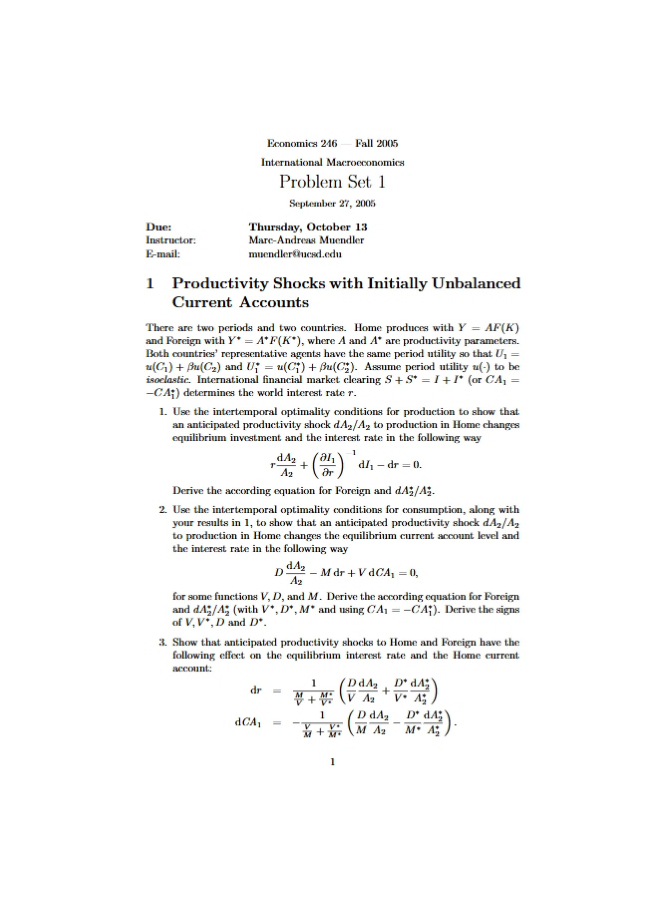 International Macroeconomics Problem Set 1