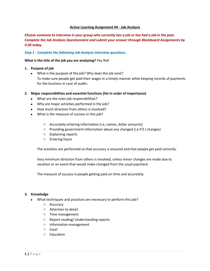 Job Analysis Questionnaire - Active Learning Assignment 4