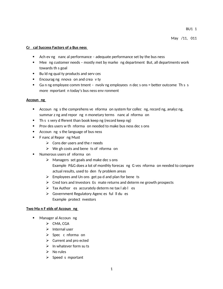 Accounting Notes (BU121)