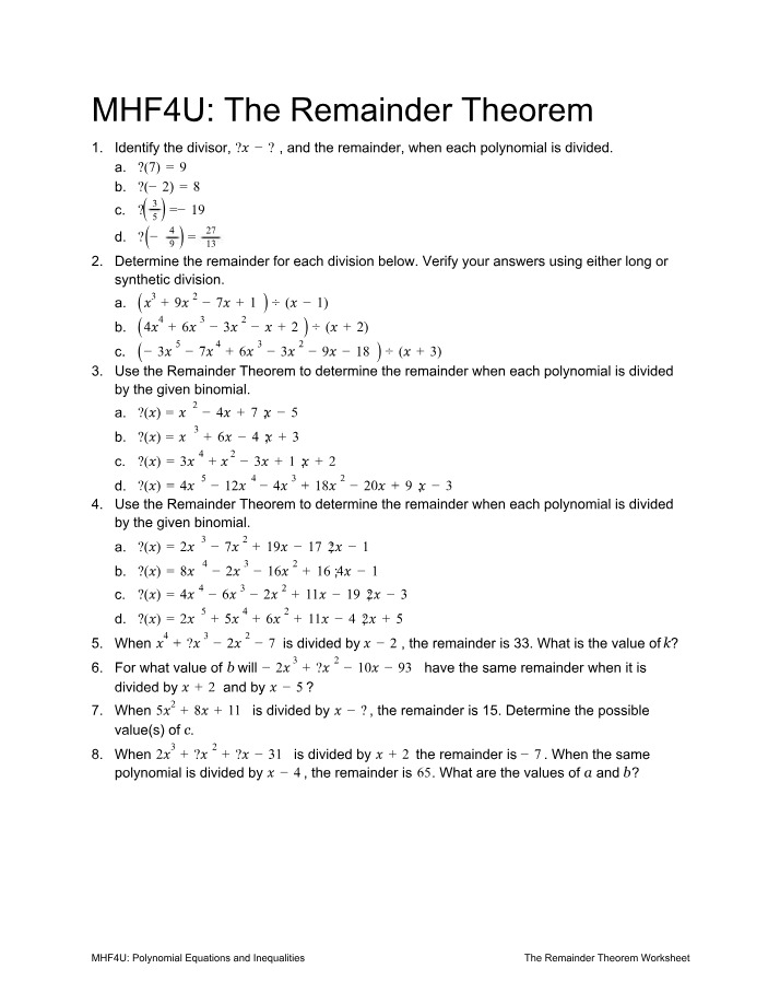 Worksheet Solutions - The Remainder Theorem