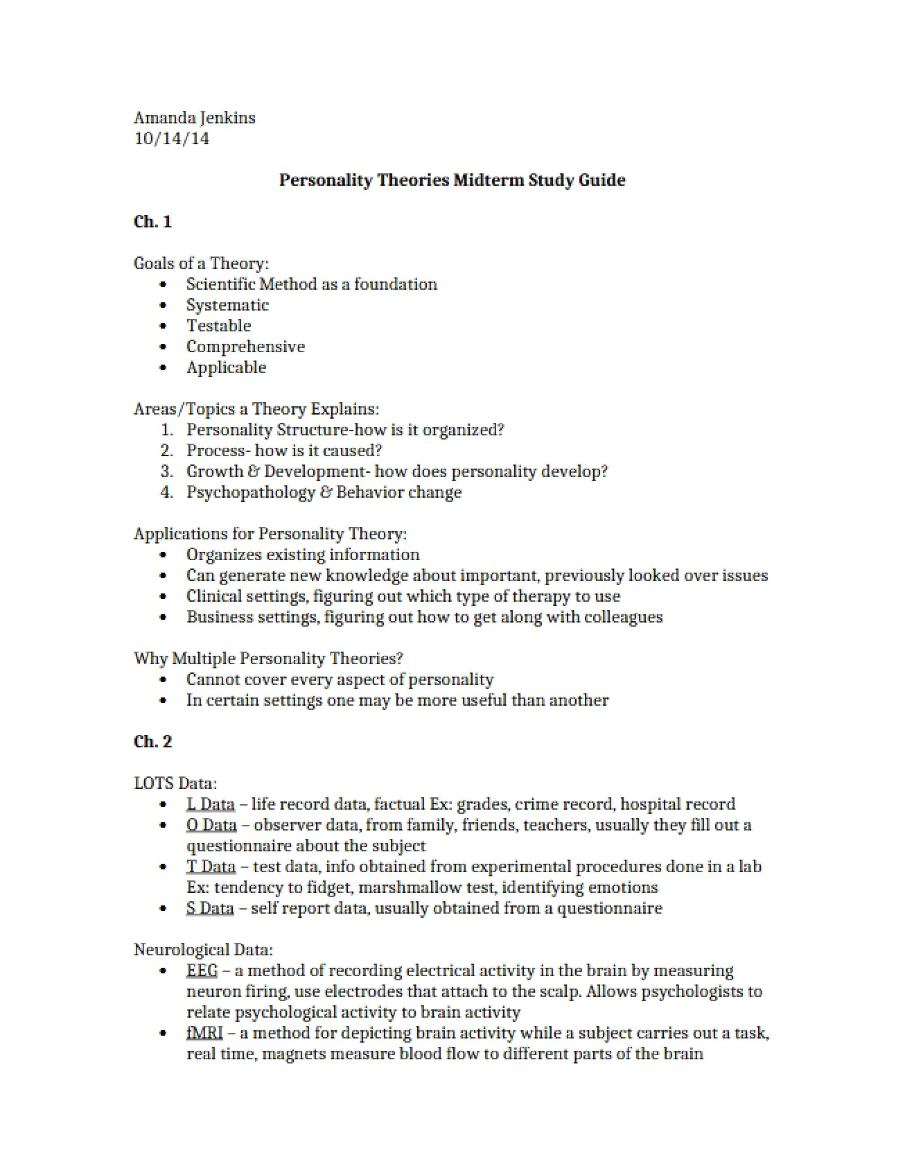 Overview of Major Personality Theories