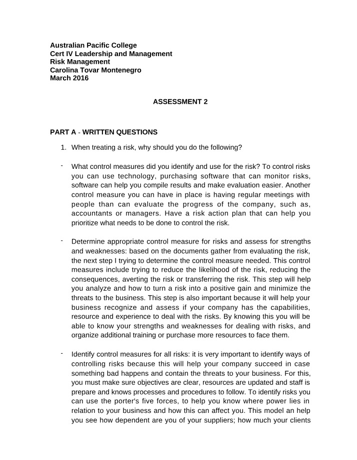Risk Management Assessment 2 Set B