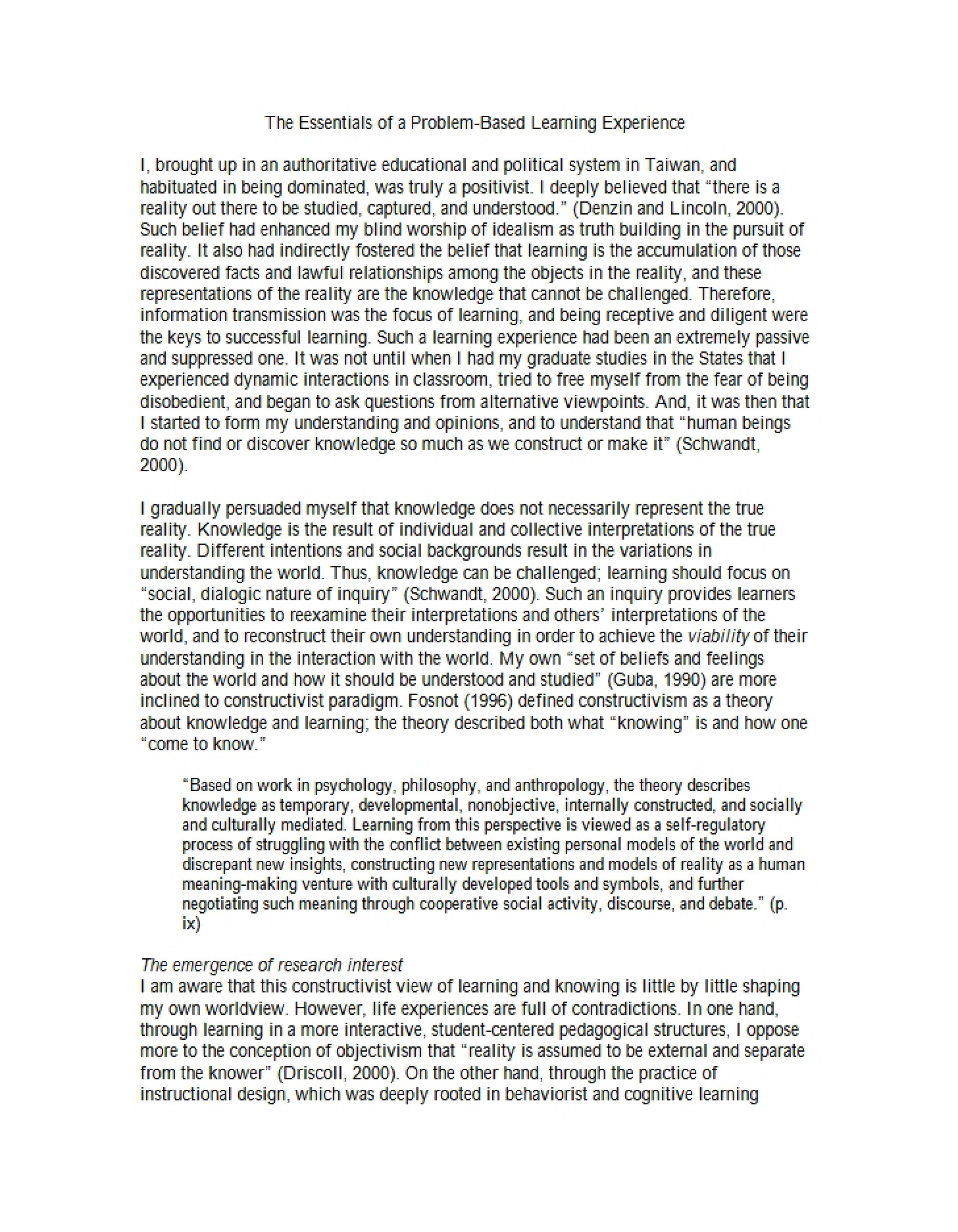 Problem Based Learning Experience Fundamentals