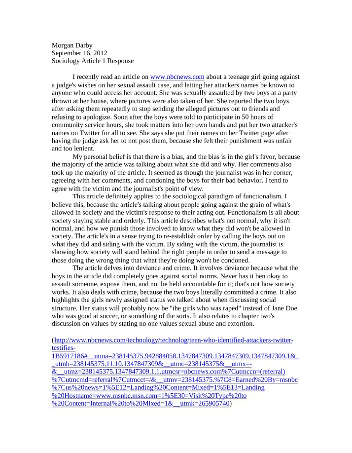 Response to Sociology Article 1