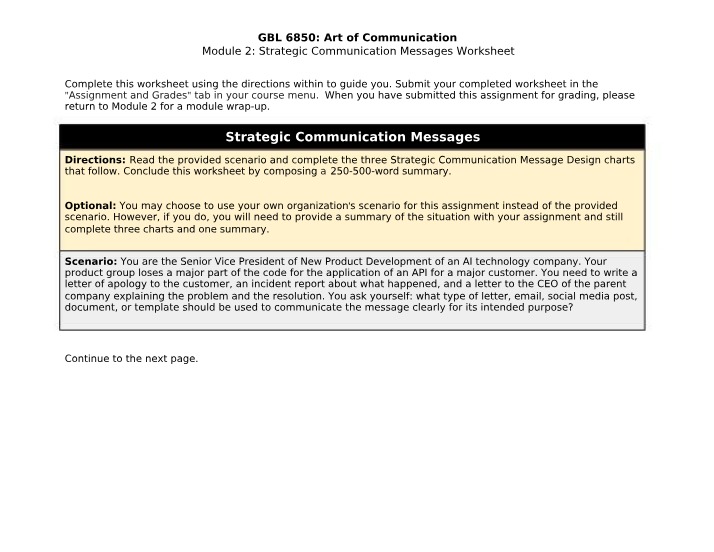 Worksheet on Strategic Communication Messages