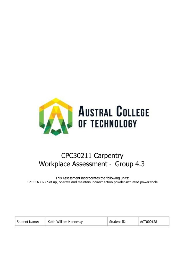 Workplace Assessment Logbook - Recording Carpentry Tasks