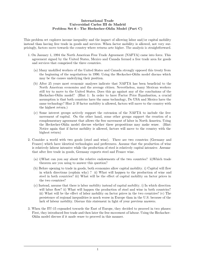 The Heckscher-Ohlin Model - Problem Set 6 (Part C)