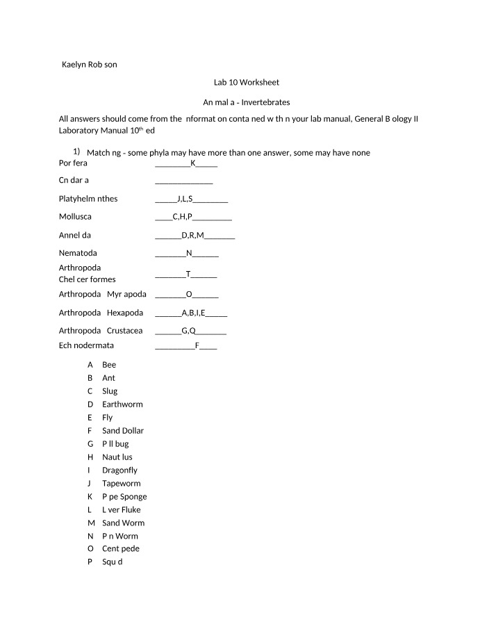 Animalia Invertebrates - Lab 10 Worksheet