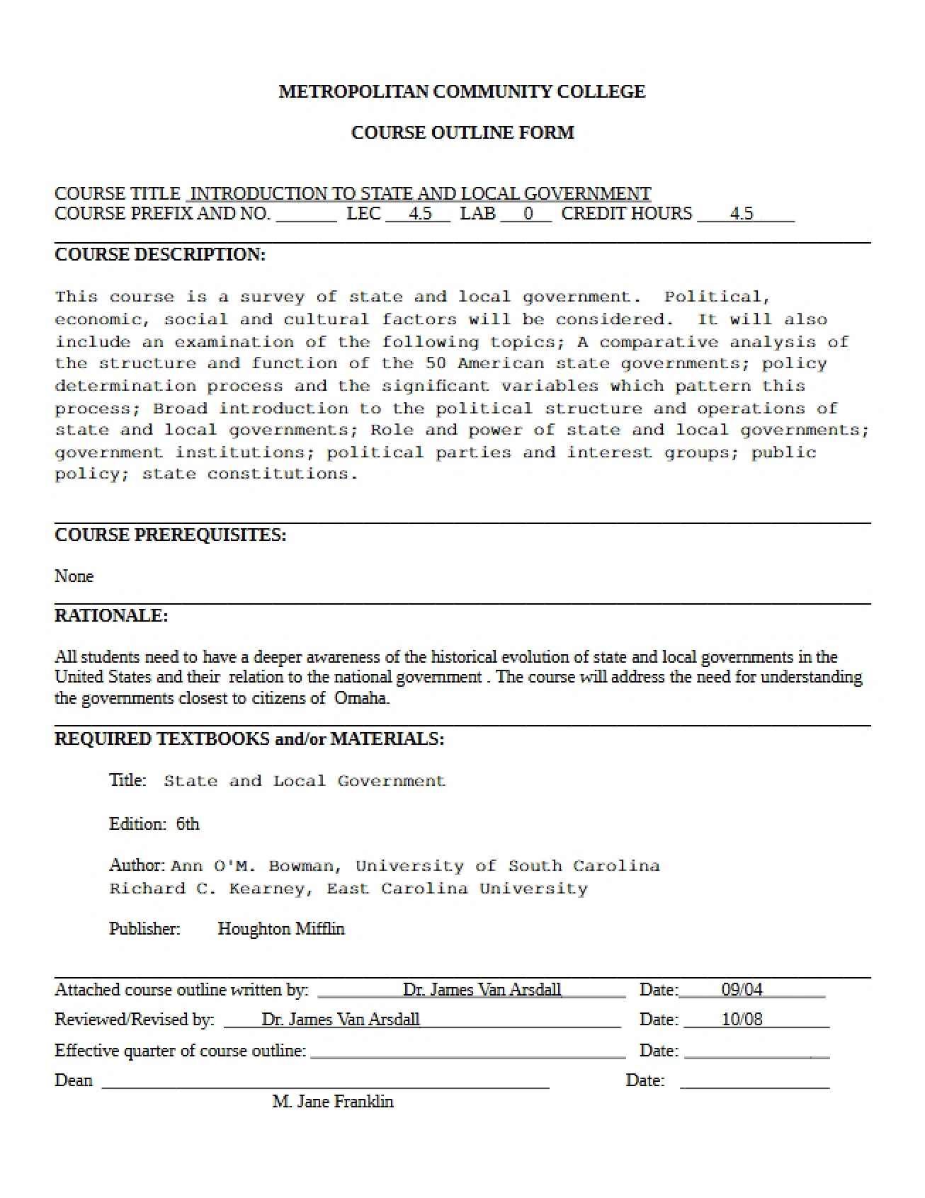 Outline for Political Science Special Topics