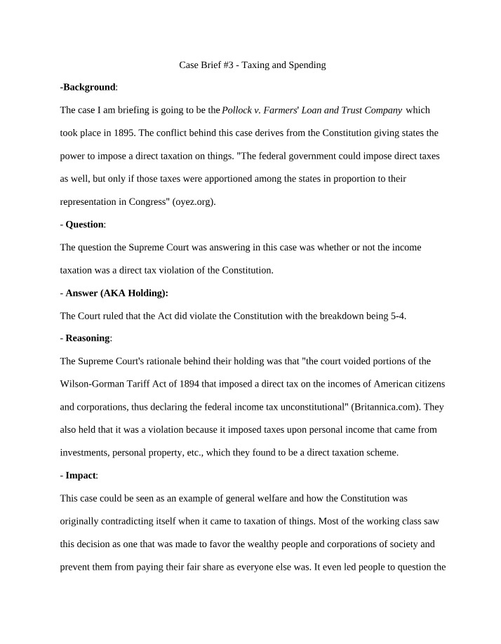 Case Brief 3 on Taxing and Spending