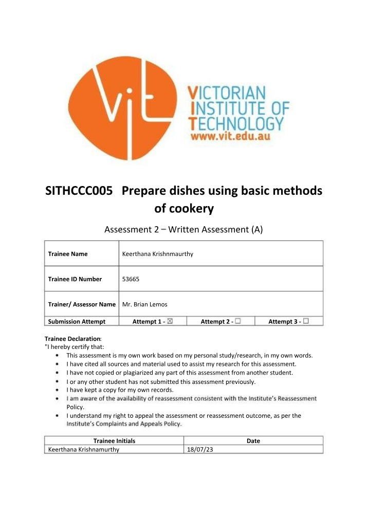 Written Assessment - SITHCCC005
