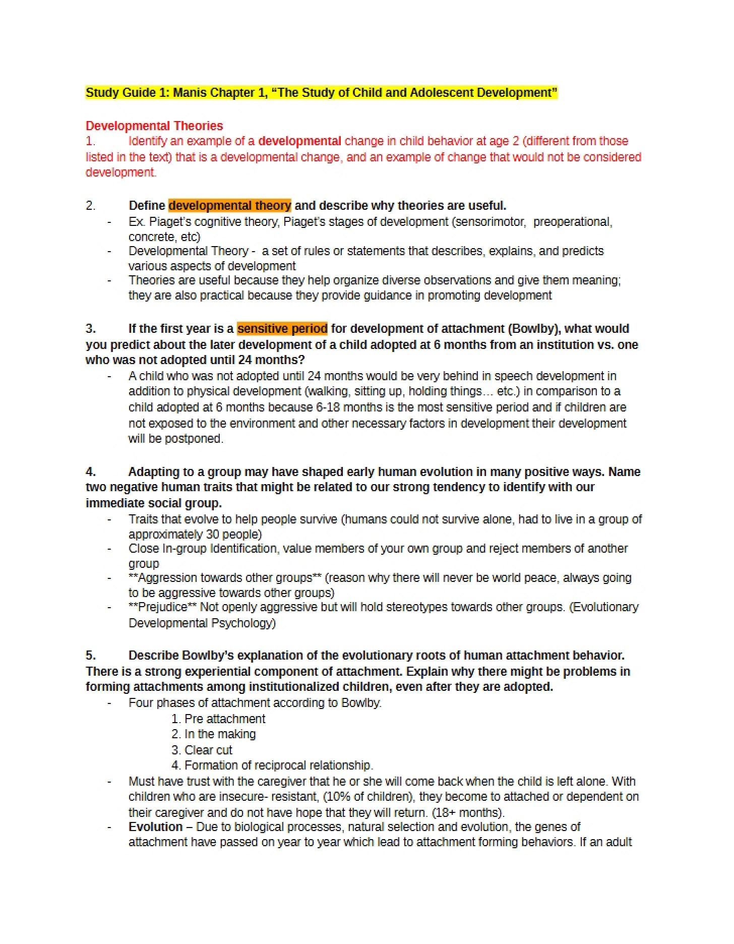 Developmental Study Guide Chapters One through Four
