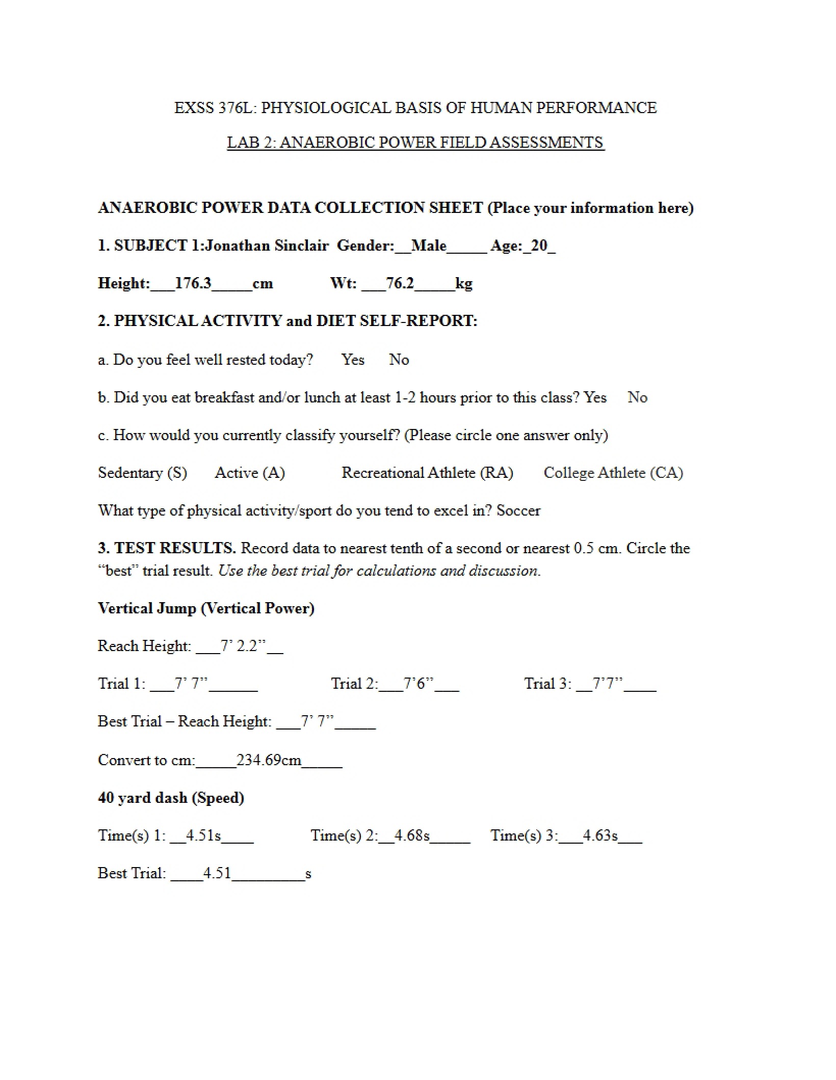 Field Assessment of Anaerobic Power Lab Two