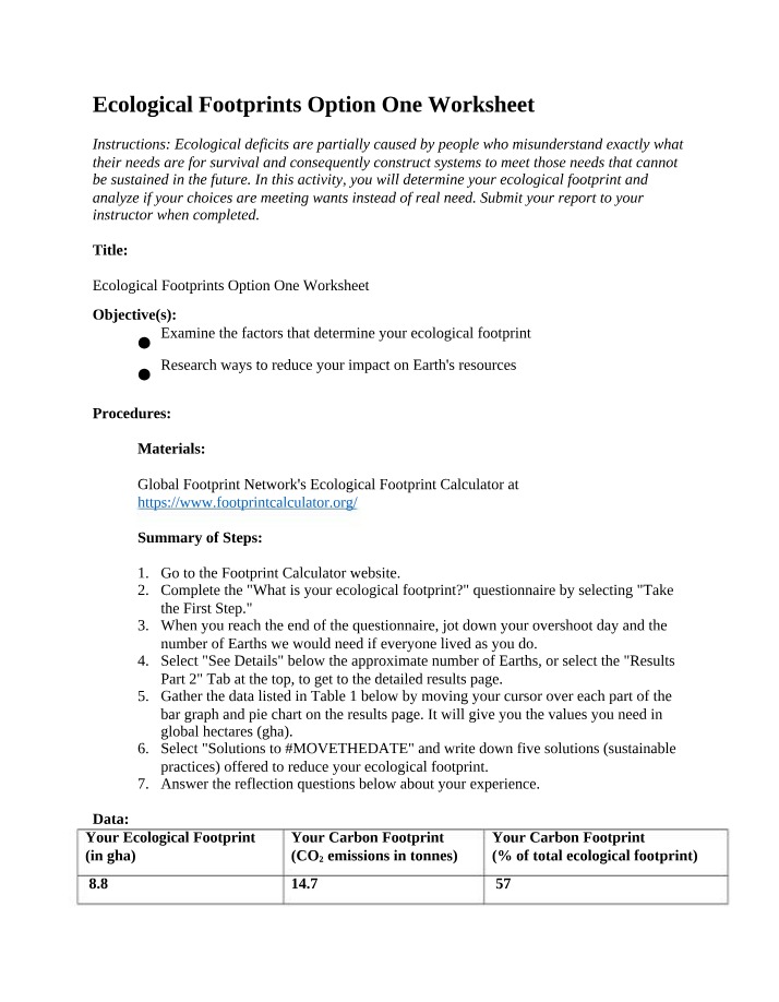 Worksheet for Ecological Footprints Option One