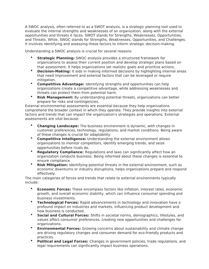 SWOC Analysis and External Assessments