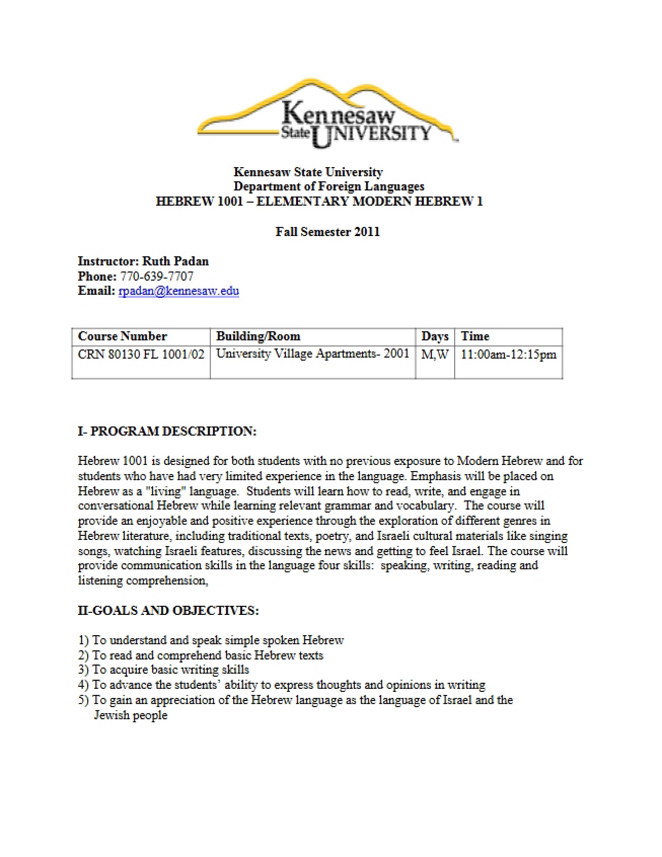 Syllabus for Introduction to Biblical Hebrew I