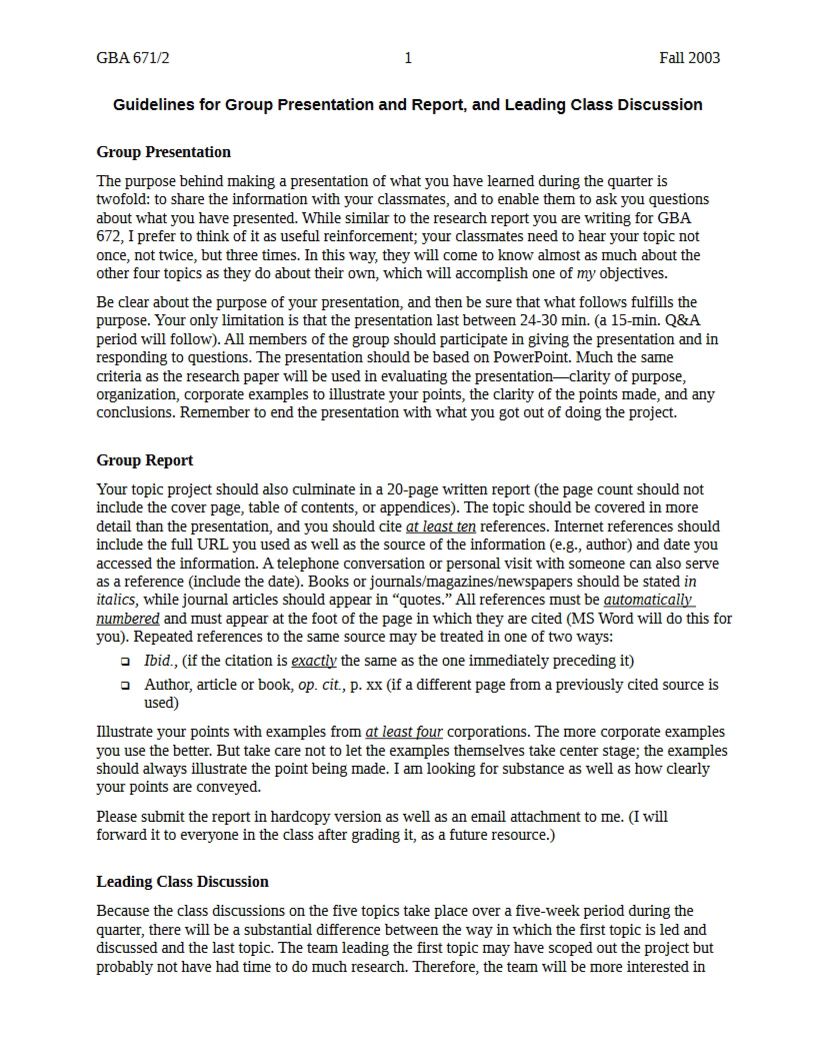 Discussion and Presentation Guidelines