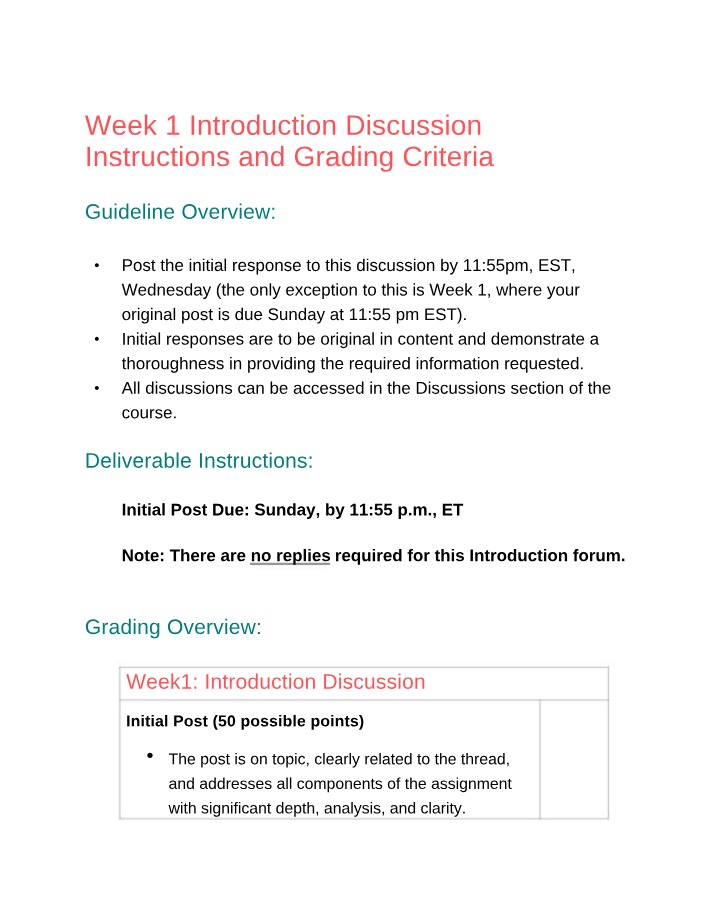 Week 1 Discussion - Instructions and Grading Criteria