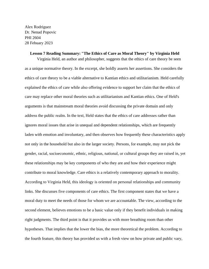 The Ethics of Care as a Moral Theory - Reading Summary