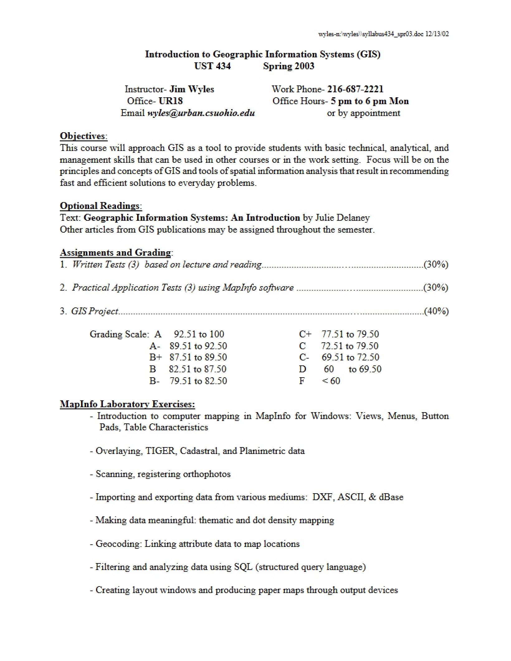 GIS Introduction Course Outline