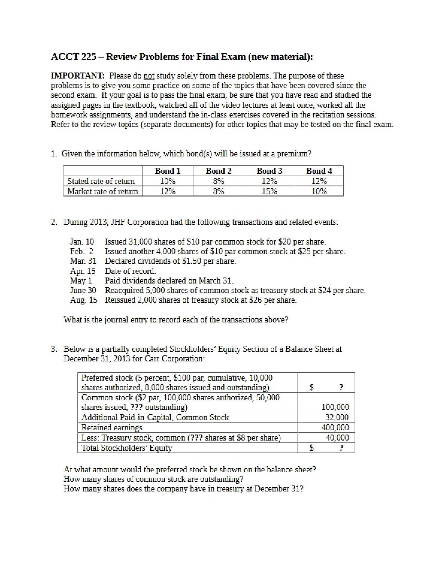 Review Problems for Final Exam New Material