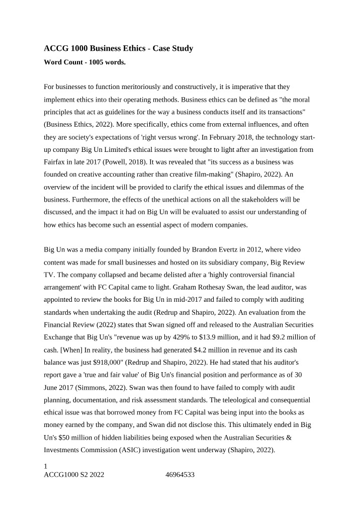 ACCG 1000 Case Study - Business Ethics