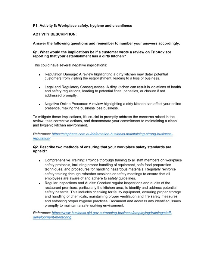Workplace Safety, Hygiene, and Cleanliness - P1 Activity 8