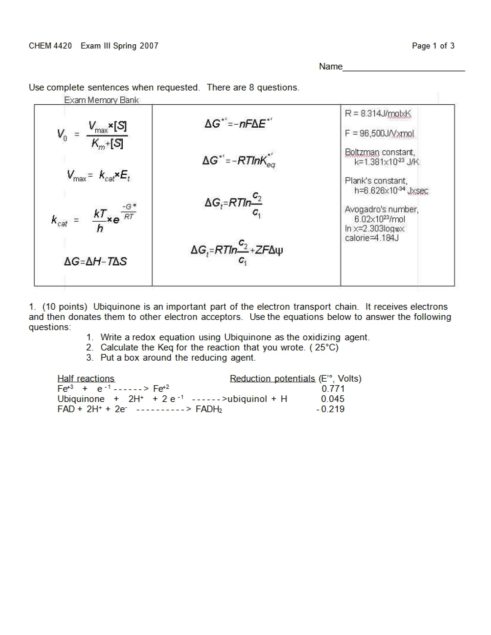 Biochemistry I Exam