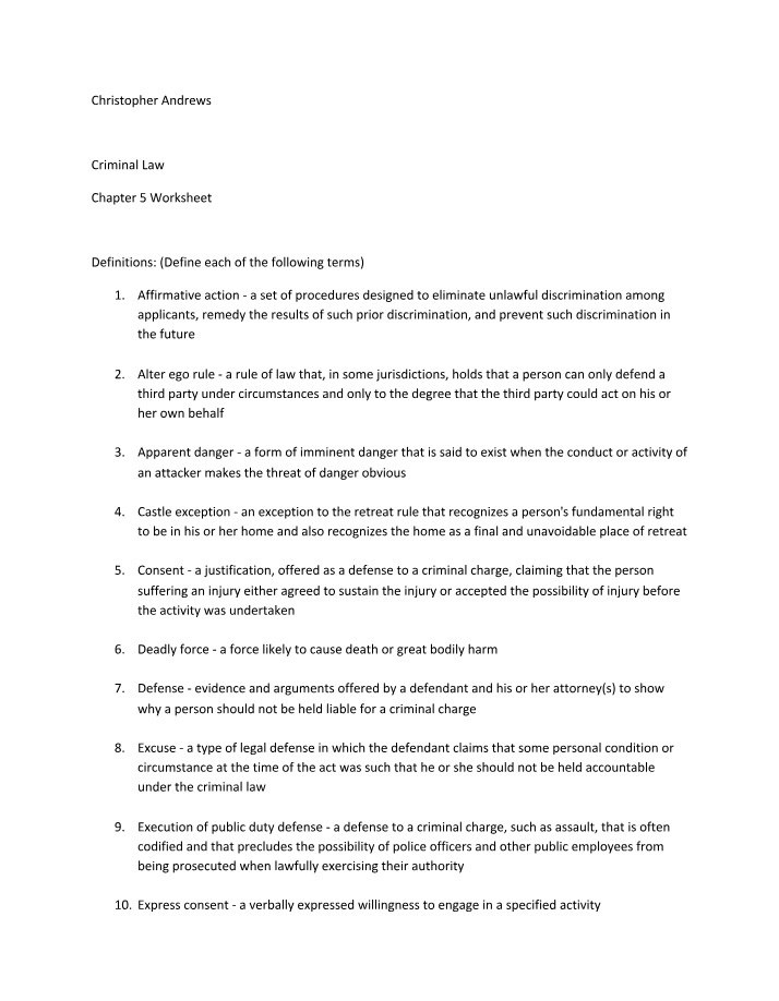 Worksheet for Criminal Law Chapter 5
