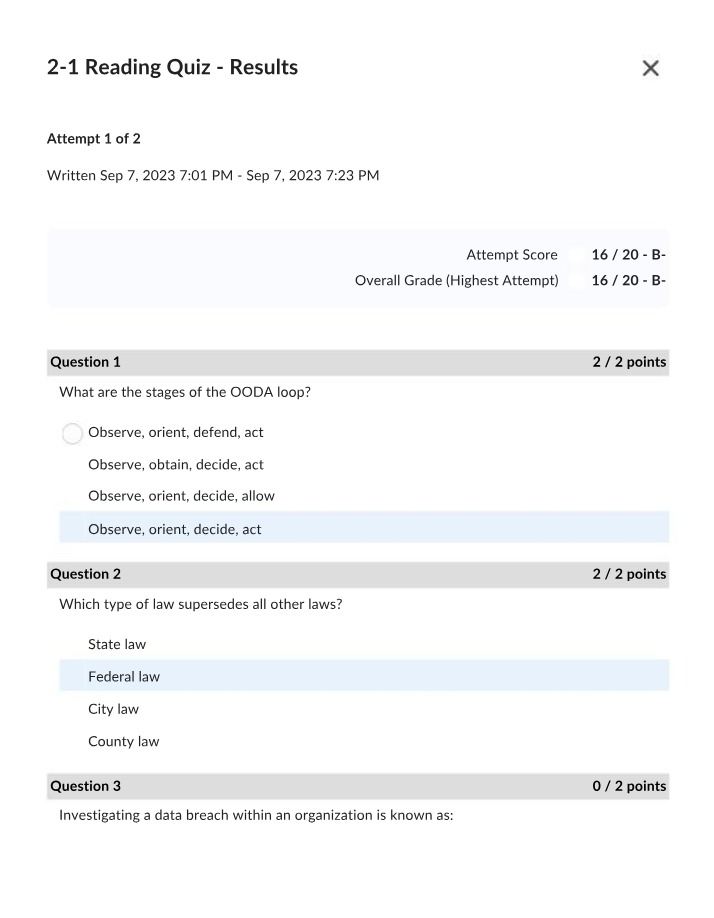 Week Two Quiz Results for CYB 320
