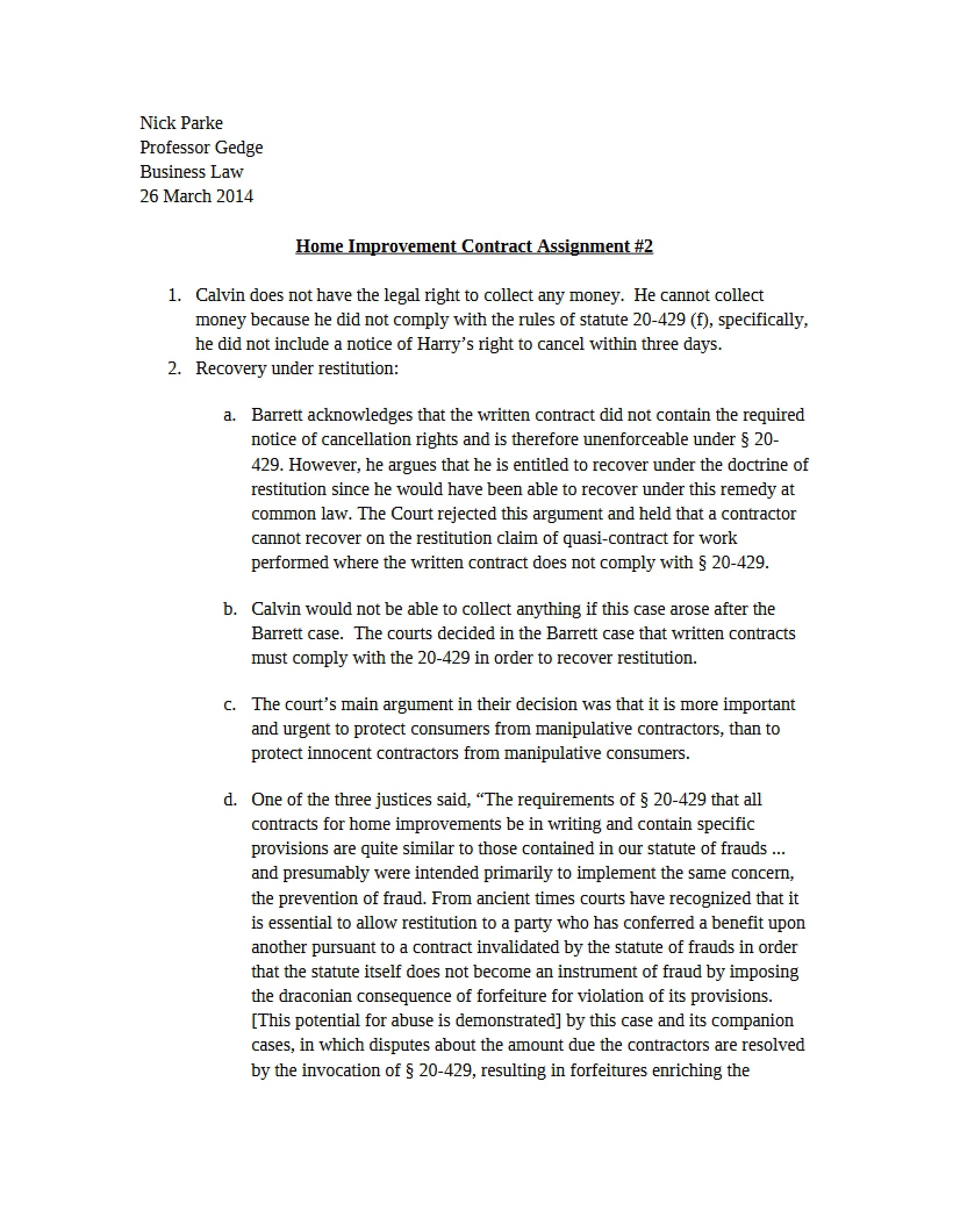 Second Assignment Home Improvement Contract