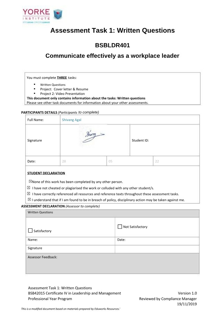Written Questions for Assessment Task 1