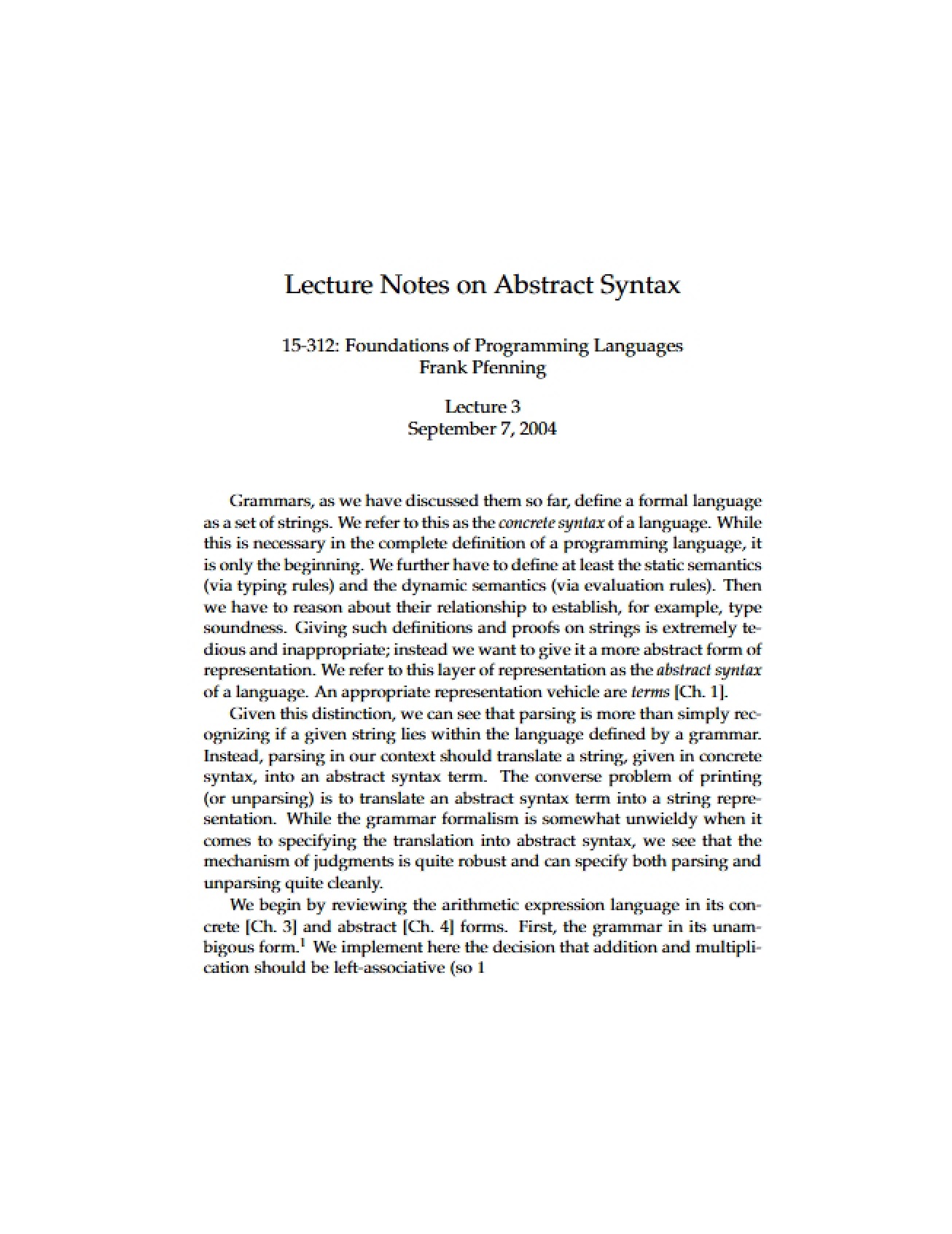 Abstract Syntax Lecture Notes