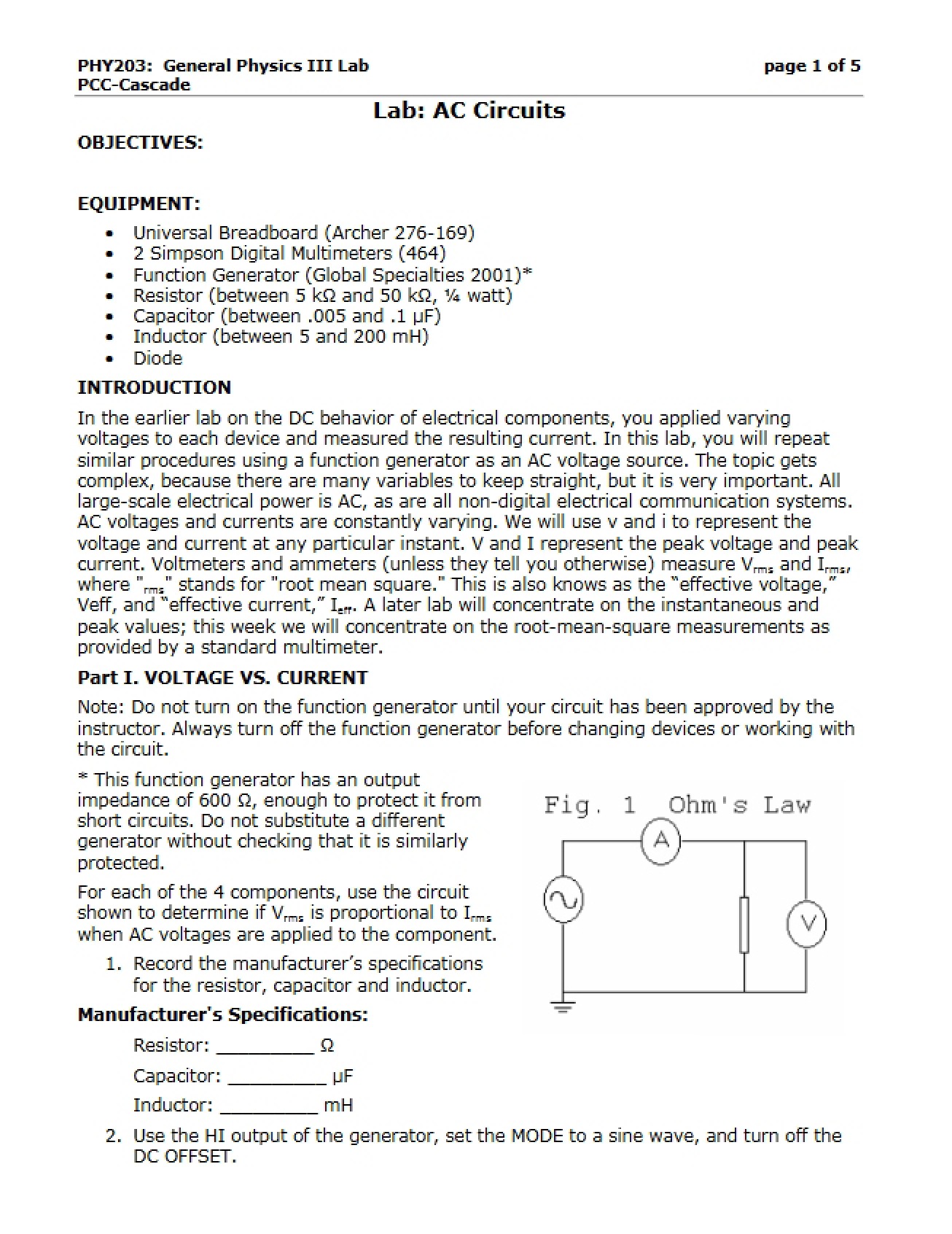 Lab on AC Circuits