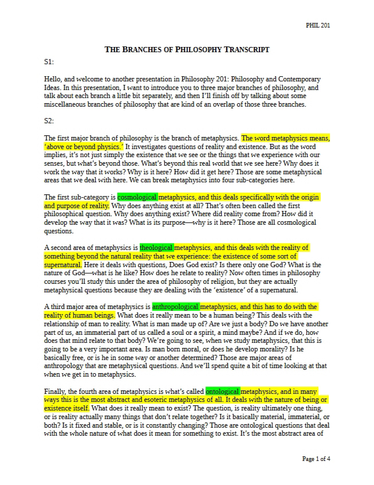 Transcript on the Branches of Philosophy