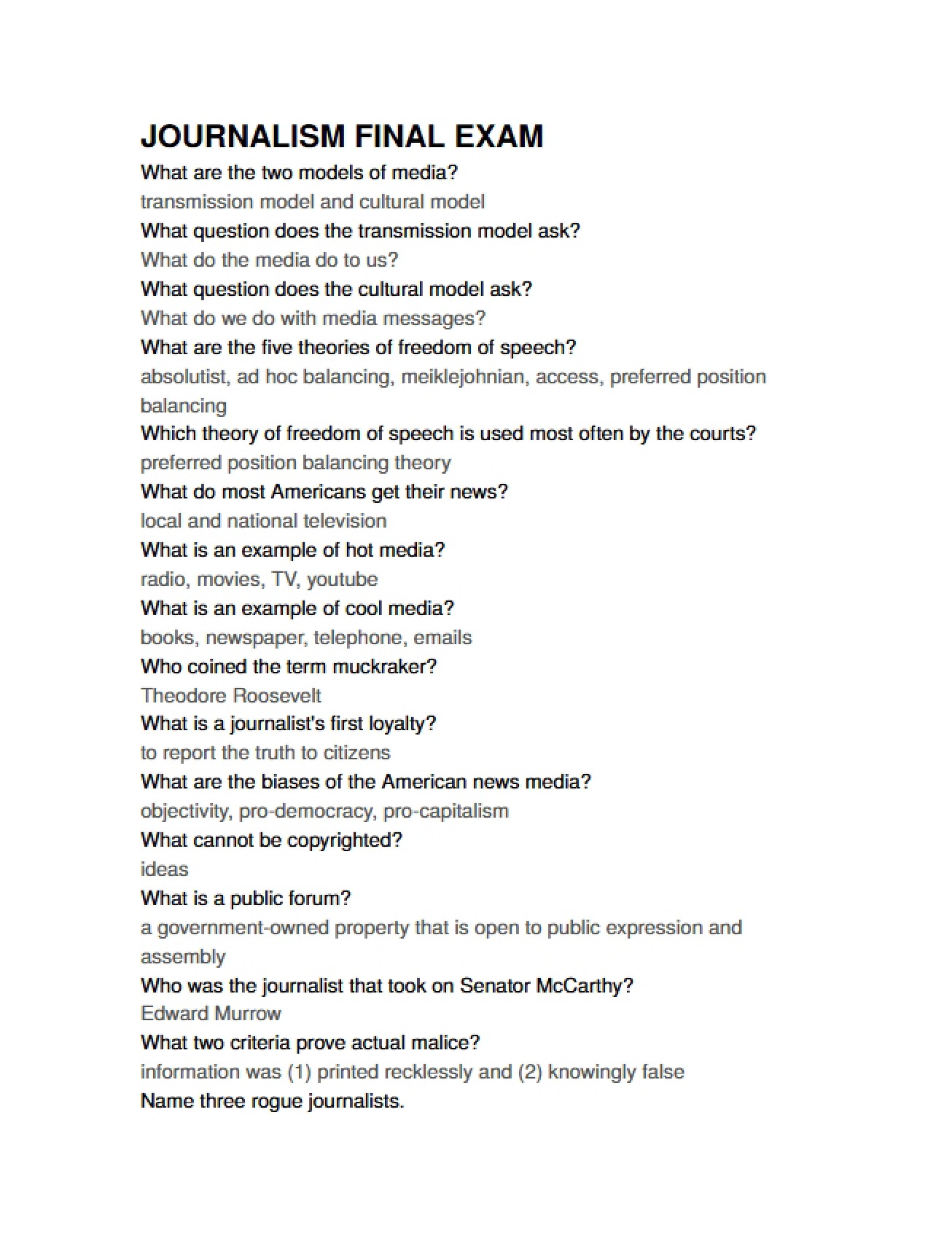 Final Exam for Journalism 3310
