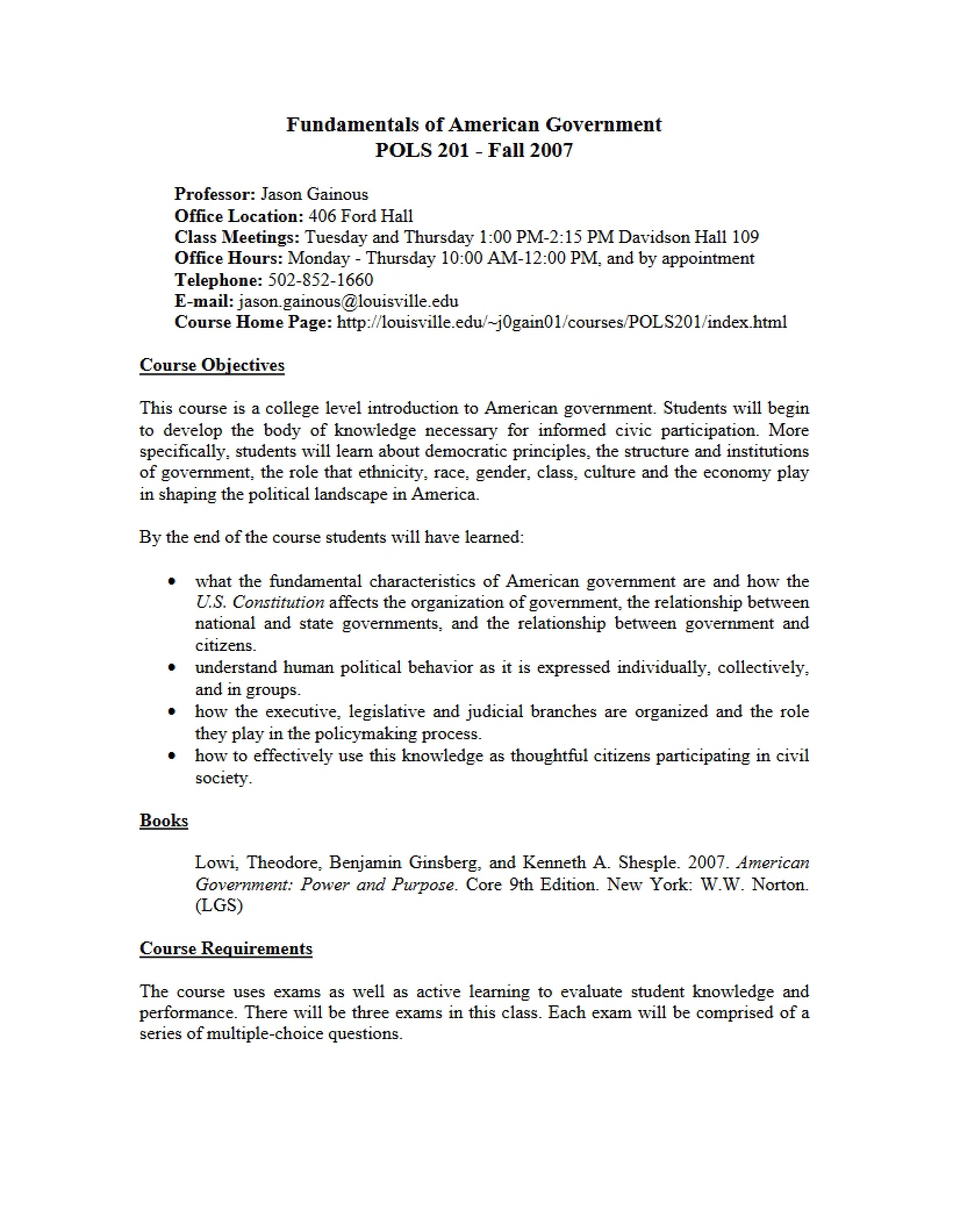 American Government Fundamentals Syllabus