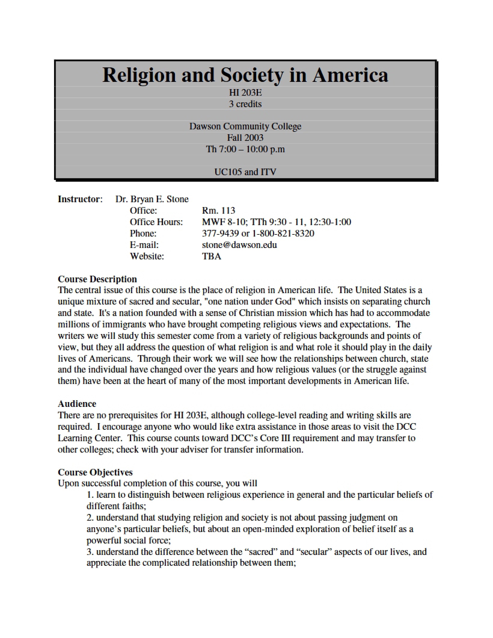 Religion and Society in America Syllabus