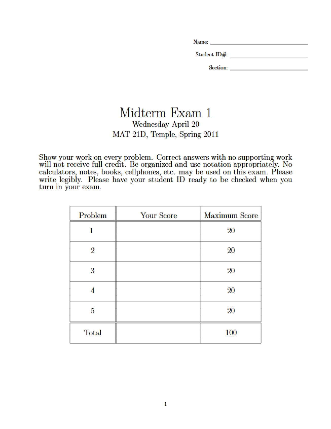 Midterm Exam 1 for MAT 21D