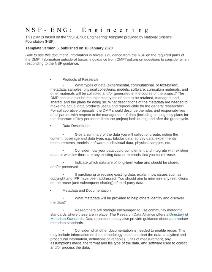 Data Management Plan Template for NSF-ENG