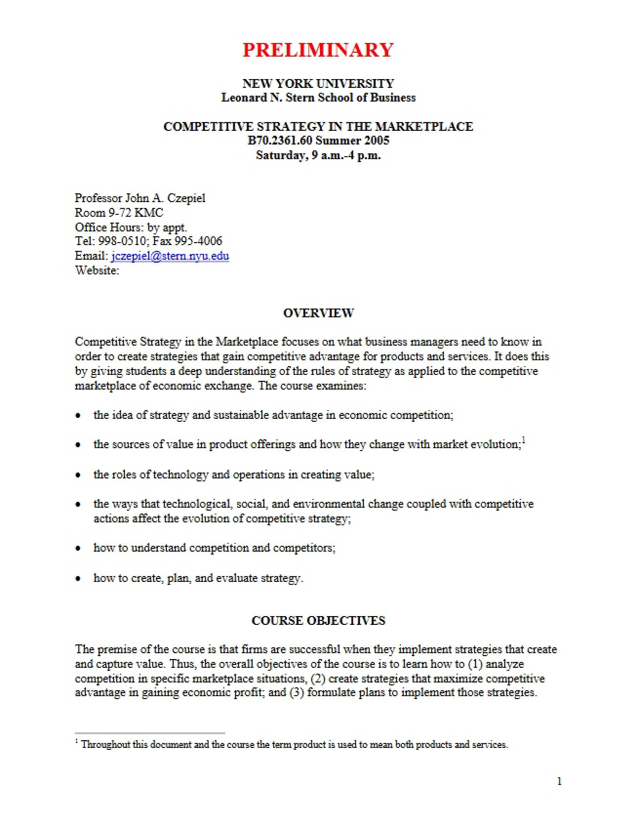 Competitive Strategy in the Marketplace Syllabus - MKTG-GB 2361