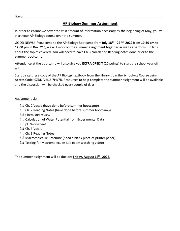 AP Biology Summer Assignment - Bootcamp