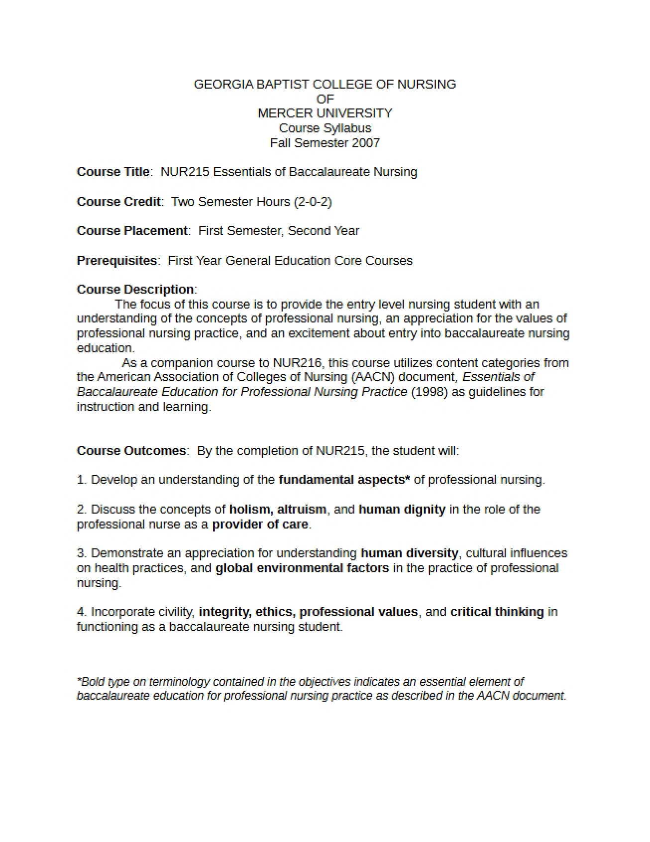 Essentials of Baccalaureate Nursing Syllabus