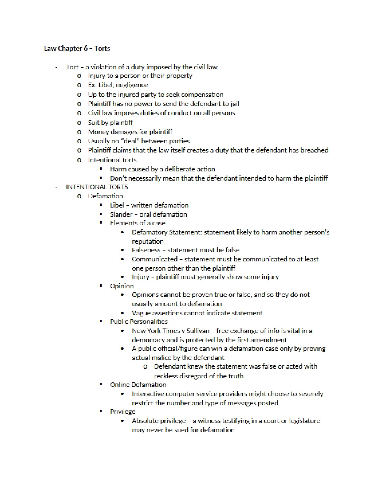Chapter 6 The Law of Torts
