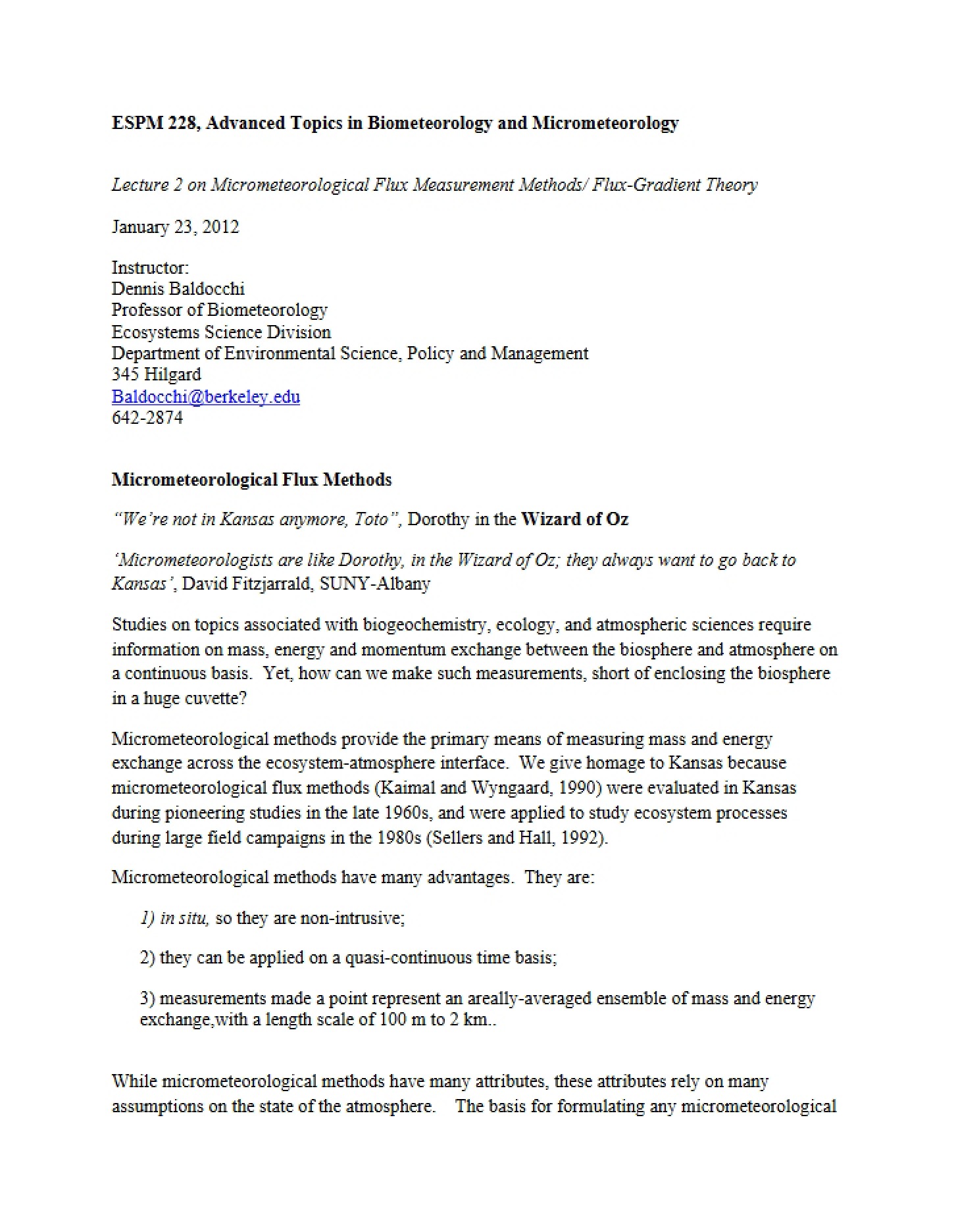 Micrometeorology and Biometeorology Advanced Topics