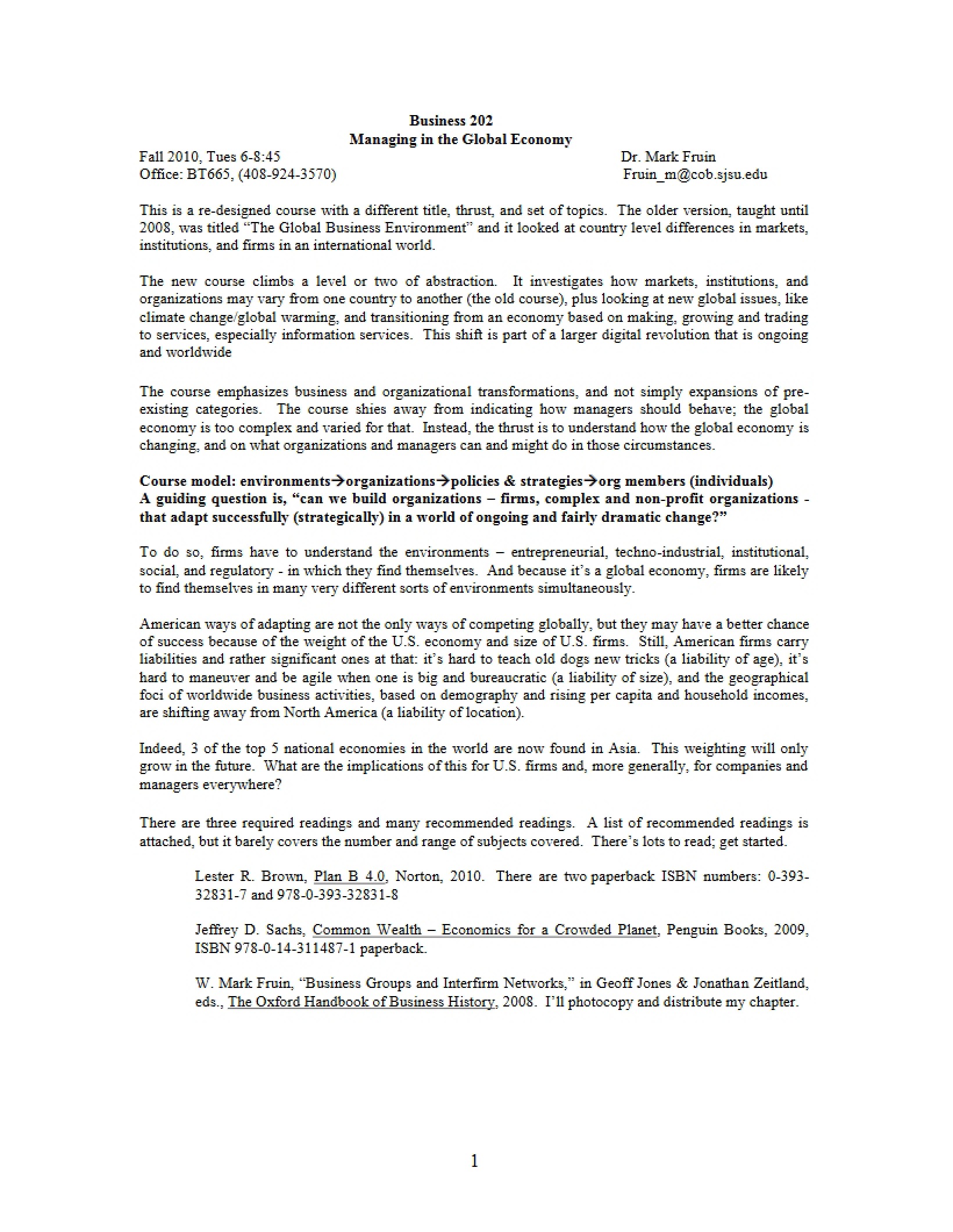 Global Economy Management Syllabus