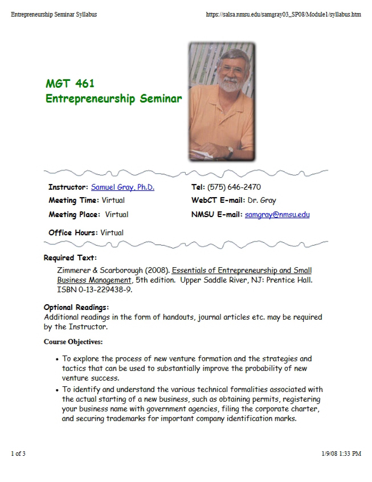 Marketing and Entrepreneurship Syllabus - Spring 2009 - Gray